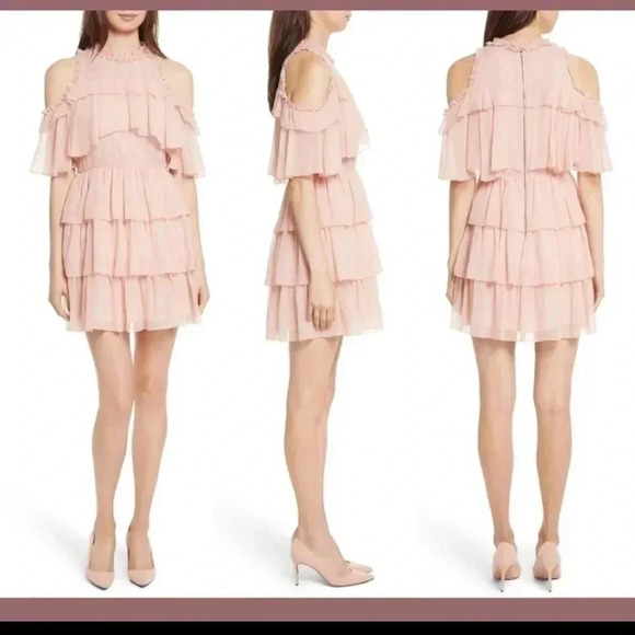 Alice + Olivia Nichola Cold Shoulder Ruffle Silk Party Dress in Blush(2) - Picture 1 of 14
